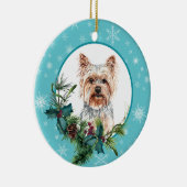 ヨークシャーテリアエバーグリーンブルースノーフレーク縁ど セラミックオーナメント (右)