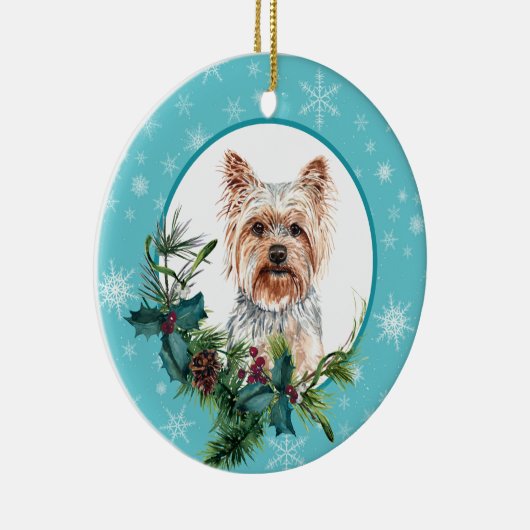 ヨークシャーテリアエバーグリーンブルースノーフレーク縁ど セラミックオーナメント (右)
