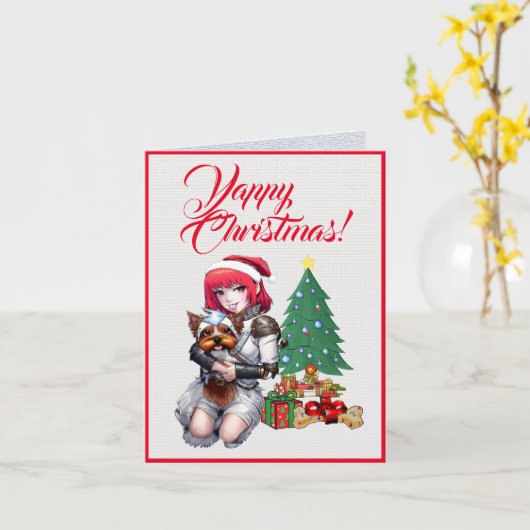 ヨークシャーテリアカスタムのクリスマス付き小さな女の子かわいい犬 カード (黄色い花)