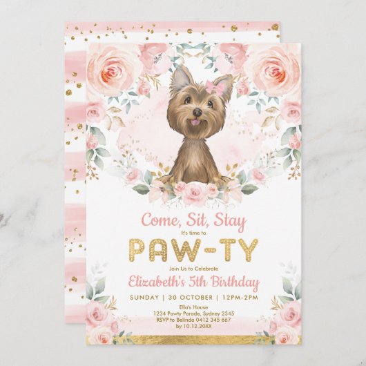 ヨークシャーテリアガールズバースデーパーティー | ヨークシャーテリア 招待状 (正面/裏面)