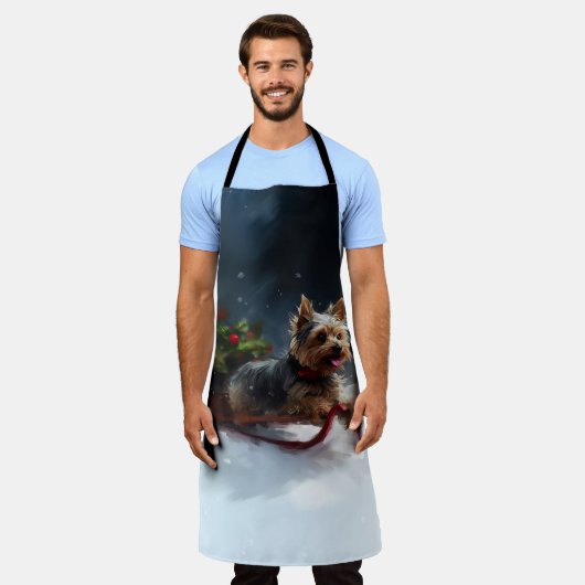 ヨークシャーテリアクリスマスの雪の冬 エプロン (着用した状態)