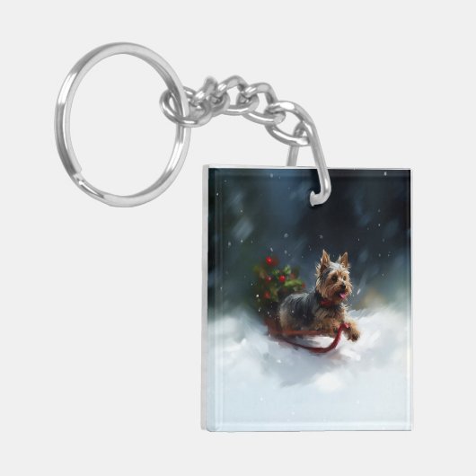 ヨークシャーテリアクリスマスの雪の冬 キーホルダー (正面左)