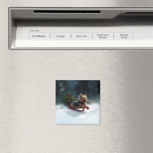 ヨークシャーテリアクリスマスの雪の冬 マグネット (インサイチュ (食洗機))