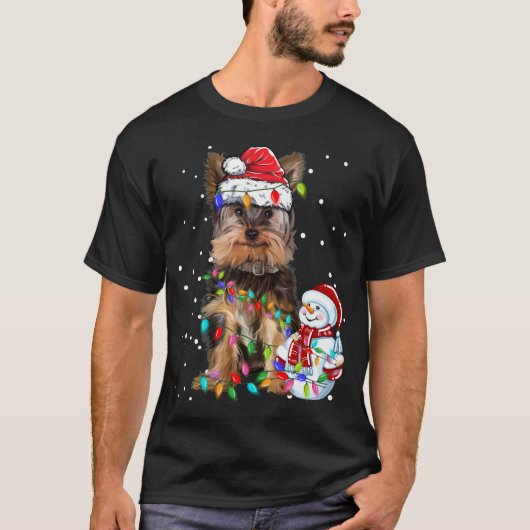 ヨークシャーテリアクリスマスサンタハットクリスマスライト Tシャツ (正面)