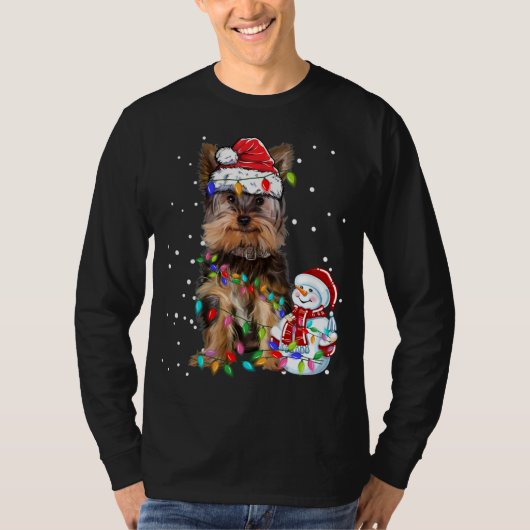 ヨークシャーテリアクリスマスサンタハットクリスマスライト Tシャツ (正面)