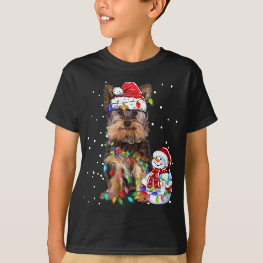 ヨークシャーテリアクリスマスサンタハットクリスマスライト Tシャツ (正面)