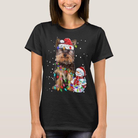 ヨークシャーテリアクリスマスサンタハットクリスマスライト Tシャツ (正面)