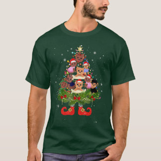 ヨークシャーテリアクリスマスツリーおもしろいライツサンタハットドッグL Tシャツ