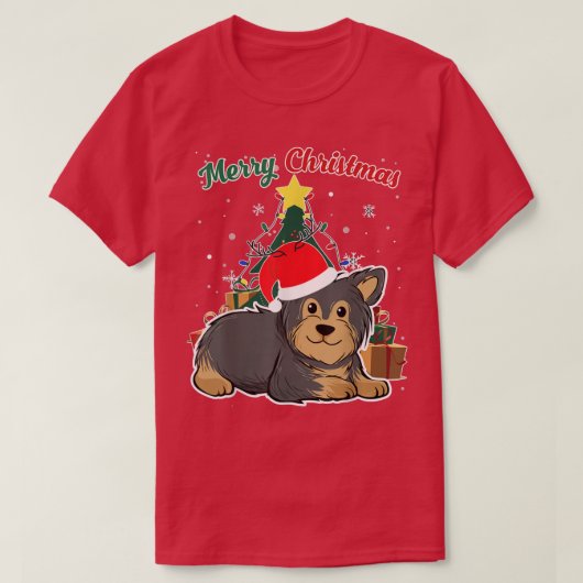 ヨークシャーテリアクリスマスツリースノーフレーククリスマス Tシャツ (デザイン正面)