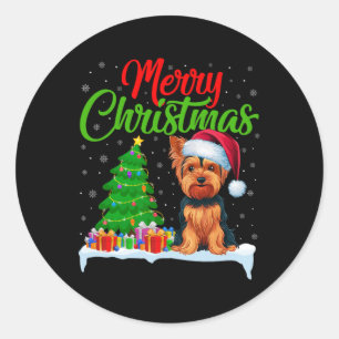 ヨークシャーテリアクリスマスツリーライトおもしろいクリスマス ラウンドシール