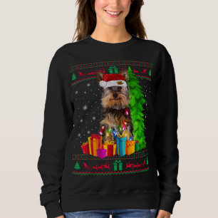 ヨークシャーテリアクリスマスツリーライトサンタハットドッグ恋人Sw スウェットシャツ