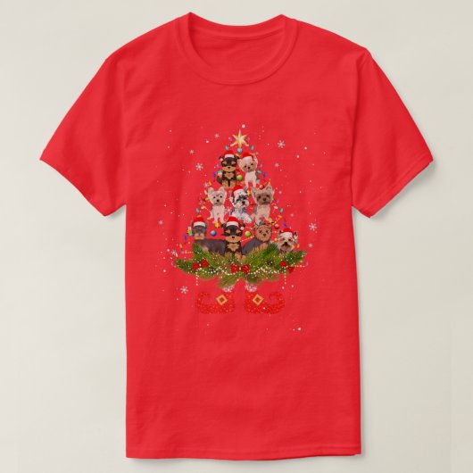 ヨークシャーテリアクリスマスツリーライトドッグサンタ Tシャツ (デザイン正面)