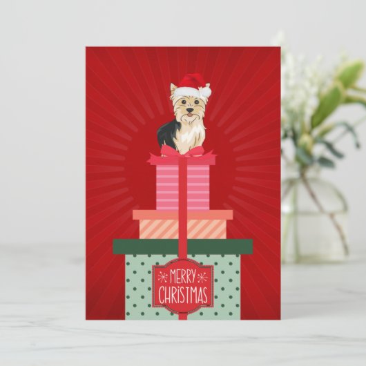 ヨークシャーテリアクリスマスプレゼントメリークリスマス犬 シーズンカード (スタンド正面)