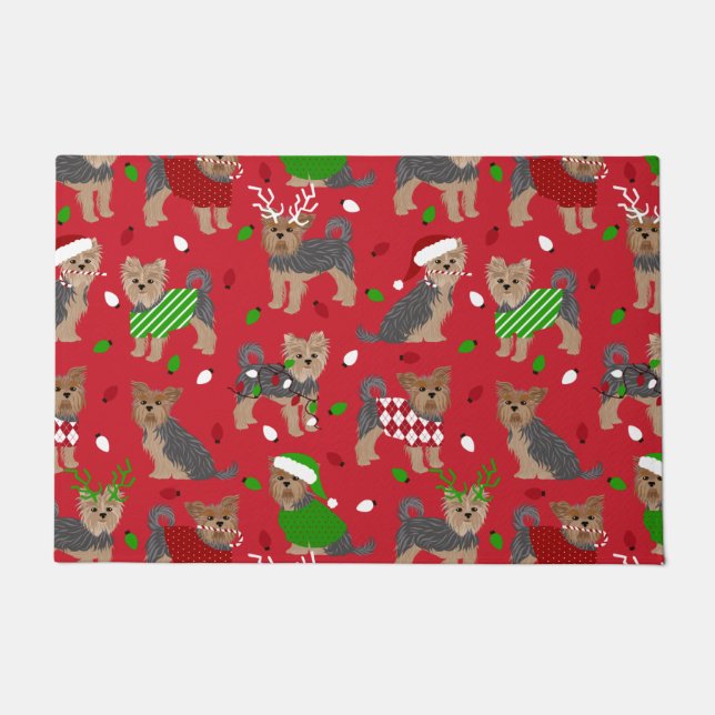 ヨークシャーテリアクリスマスヨークシャーテリアドッグ ドアマット (正面)