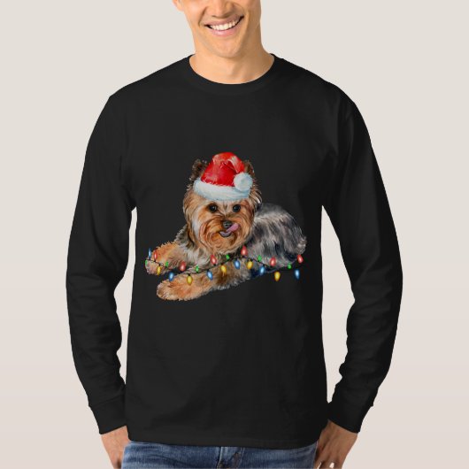 ヨークシャーテリアクリスマスライトパピードッグクリスマス おもしろい Tシャツ (正面)