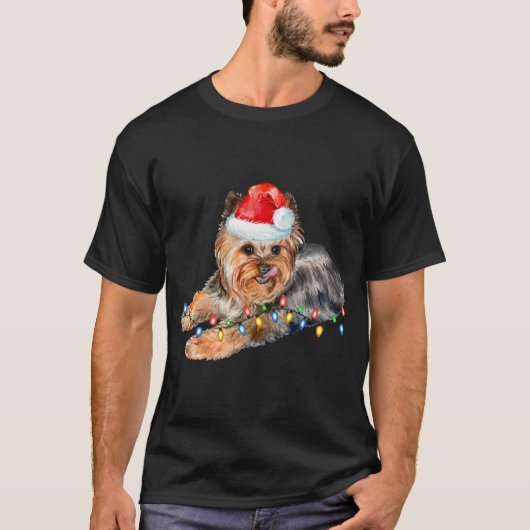 ヨークシャーテリアクリスマスライトパピードッグクリスマス おもしろい Tシャツ (正面)