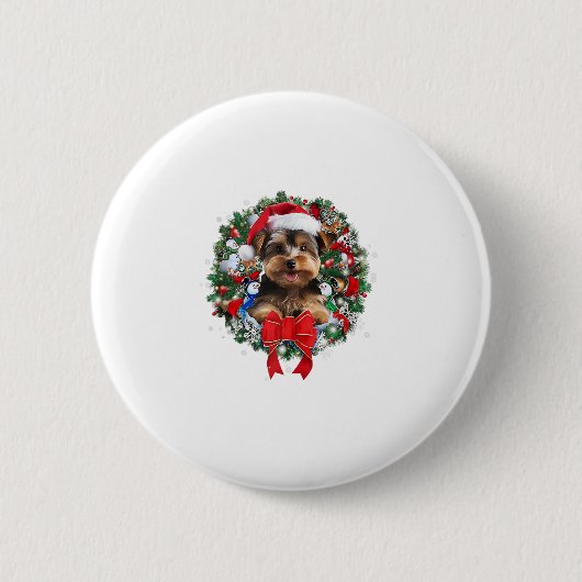 ヨークシャーテリアクリスマスリース装飾クリスマス 缶バッジ (正面)