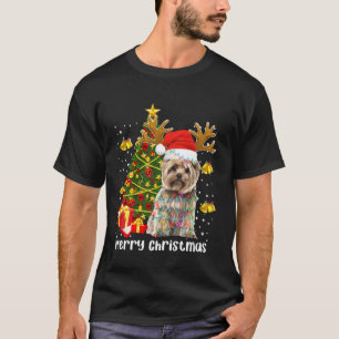 ヨークシャーテリアサンタクリスマスツリーライトクリスマス Tシャツ
