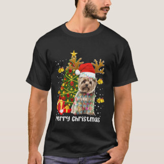 ヨークシャーテリアサンタクリスマスツリーライトクリスマス Tシャツ