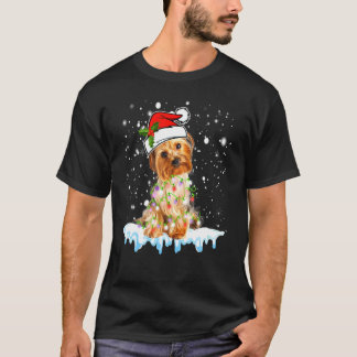 ヨークシャーテリアサンタハットクリスマスライトドッグ Tシャツ