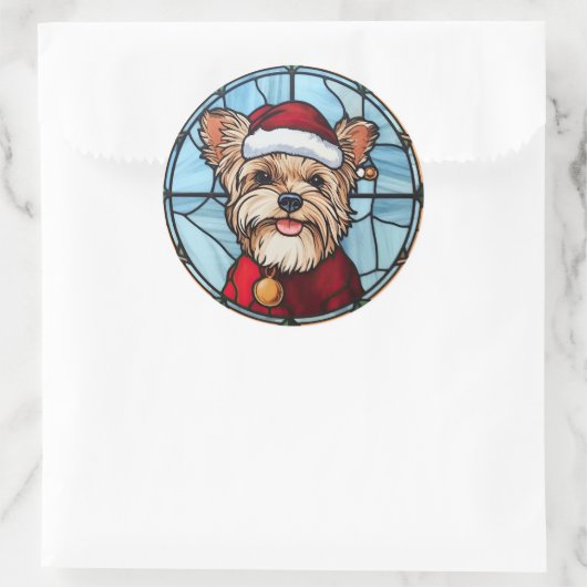 ヨークシャーテリアステンドグラスのクリスマス ラウンドシール (バッグ)