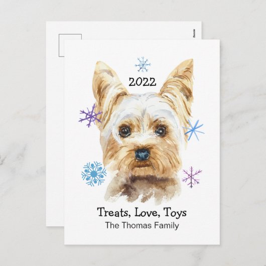 ヨークシャーテリアスノーフレークカスタム文字クリスマス シーズンポストカード (正面/裏面)