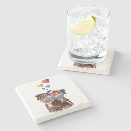 ヨークシャーテリアドッグとハートバレンタインデー ストーンコースター (横)