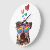 ヨークシャーテリアドッグとハートバレンタインデー ラージ壁時計 (傾斜)
