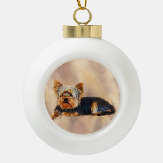 ヨークシャーテリアドッグアートウォーターカラーポートレート セラミックボールオーナメント (正面)