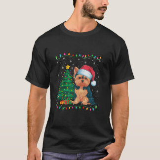 ヨークシャーテリアドッグサンタハットメンズウィメンズキッズクリスマスツリー Tシャツ
