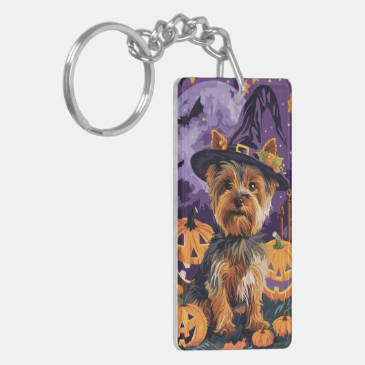 ヨークシャーテリアドッグハロウィーンウィッチとカボチャ キーホルダー (正面左)