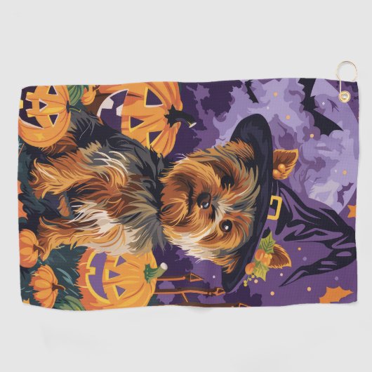 ヨークシャーテリアドッグハロウィーンウィッチとカボチャ ゴルフタオル (横)