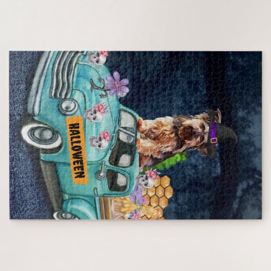 ヨークシャーテリアドッグハロウィーントラック怖い夜 ジグソーパズル (横)