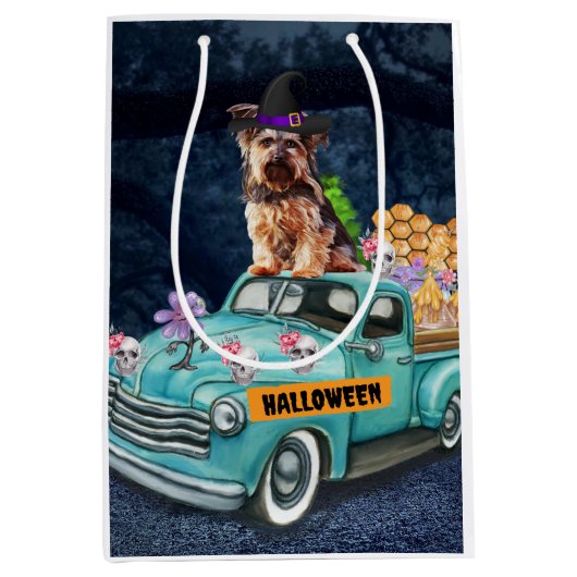 ヨークシャーテリアドッグハロウィーントラック怖い夜 ミディアムペーパーバッグ (正面)
