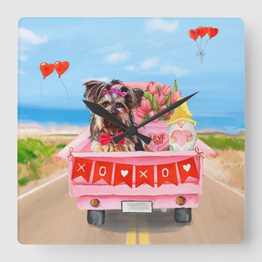 ヨークシャーテリアドッグバレンタインデートラックハート スクエア壁時計 (正面)