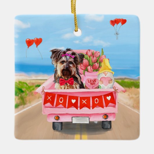 ヨークシャーテリアドッグバレンタインデートラックハート セラミックオーナメント (正面)