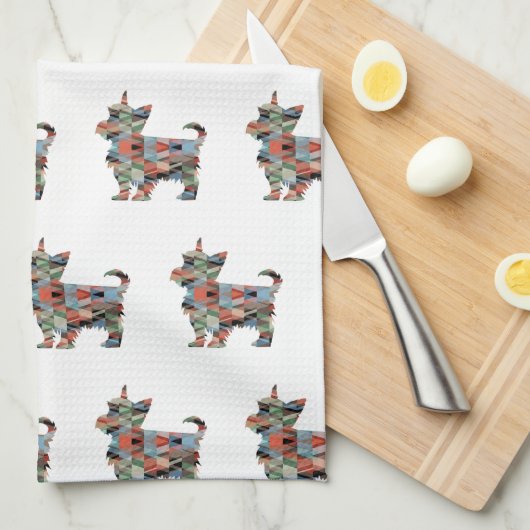 ヨークシャーテリアドッグブリードジオシルエットプレイド キッチンタオル (四つ折り)