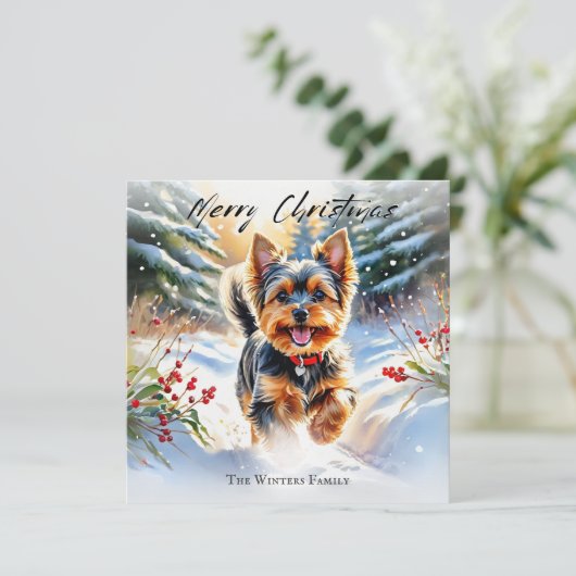 ヨークシャーテリアドッグヨークシャーテリアインスノークリスマス シーズンカード (スタンド正面)
