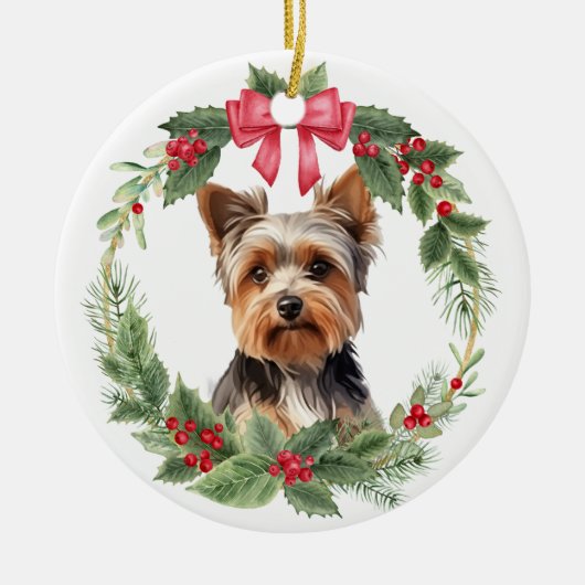 ヨークシャーテリアドッグレッドボウホリーリース セラミックオーナメント (正面)