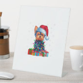 ヨークシャーテリアドッグ醜いクリスマスライトサンタハットヨークシャーテリアドッグC 台座サイン (インサイチュ)