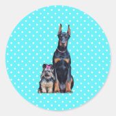 ヨークシャーテリアドバーマンブルー水玉模様 ラウンドシール (正面)
