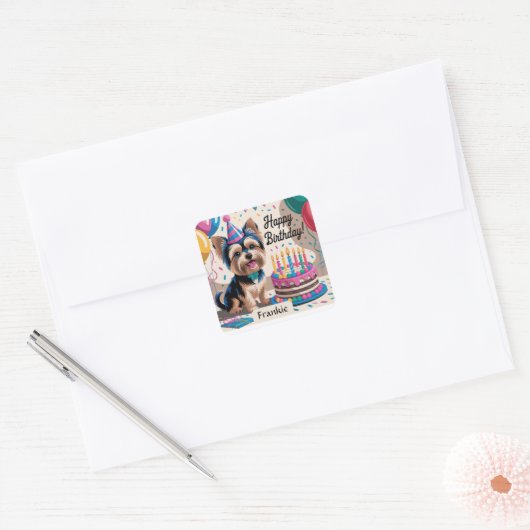 ヨークシャーテリアハッピーバースデー スクエアシール (封筒)