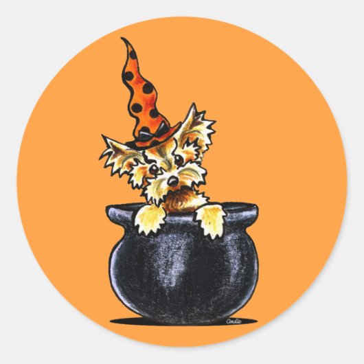 ヨークシャーテリアハロウィングッドウィッチオフリーシュアート™ ラウンドシール (正面)