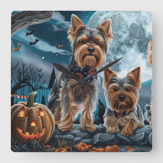 ヨークシャーテリアハロウィン不気味 スクエア壁時計 (正面)