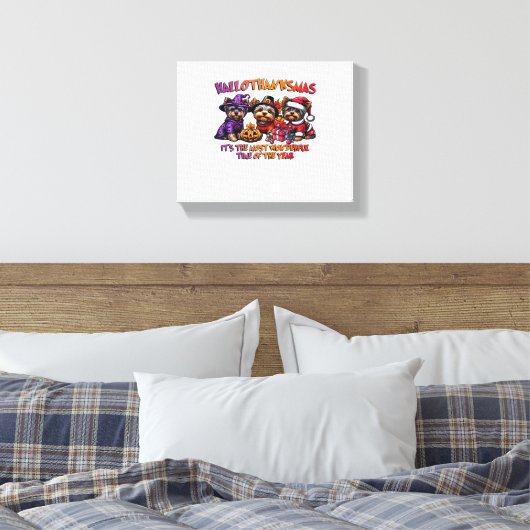 ヨークシャーテリアハロウィーンサンクスギビングクリスマス キャンバスプリント (インサイチュ (寝室))