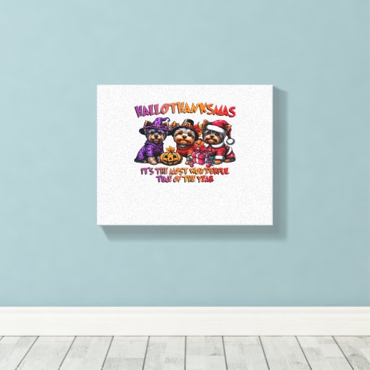 ヨークシャーテリアハロウィーンサンクスギビングクリスマス キャンバスプリント (インサイチュ (ウッドフロア))