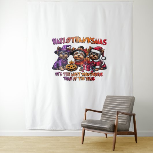 ヨークシャーテリアハロウィーンサンクスギビングクリスマス タペストリー (インサイチュ)