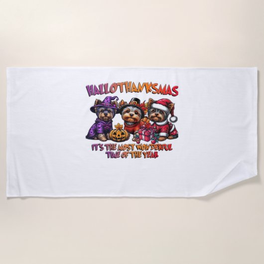 ヨークシャーテリアハロウィーンサンクスギビングクリスマス ビーチタオル (正面)