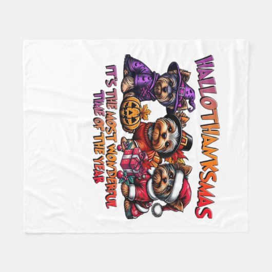 ヨークシャーテリアハロウィーンサンクスギビングクリスマス フリースブランケット (正面(横))