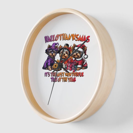 ヨークシャーテリアハロウィーンサンクスギビングクリスマス 壁時計 (傾斜)